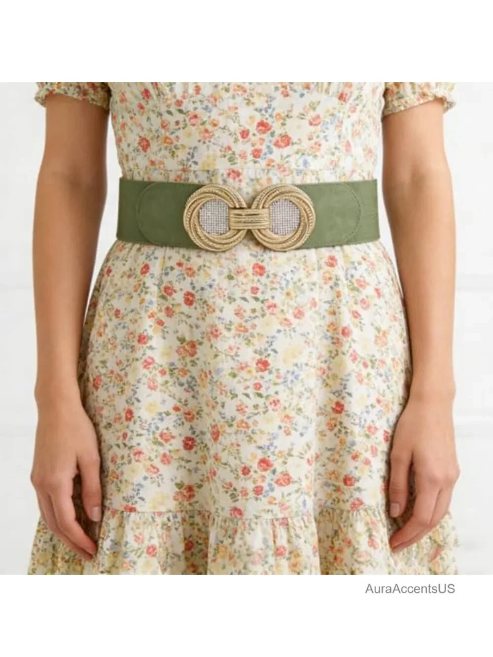 Elastic Vintage Wide Waist Stretch Belt with Rhinestone Buckle